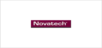 A red and white logo of novatech