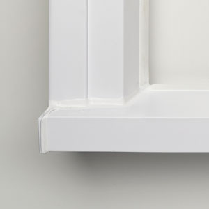 A white shelf with two sides and one side open.
